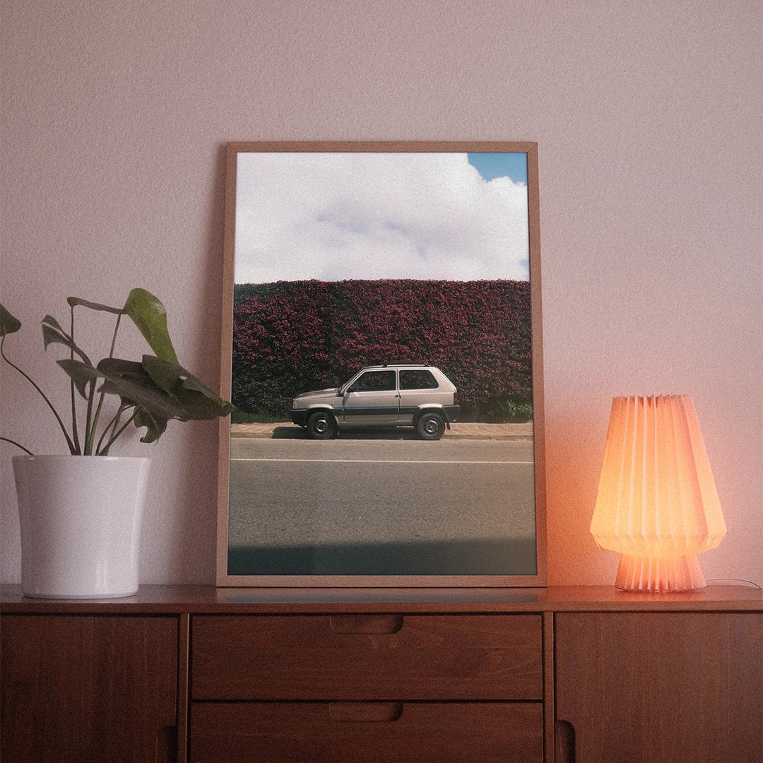 A poster with the photographic motif “Rosso Panda” by POWSTR hanging in a living room.