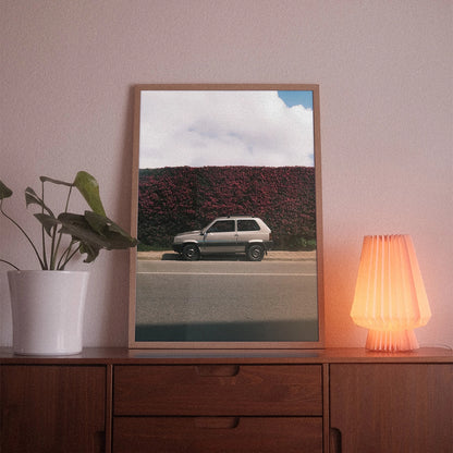 A poster with the photographic motif “Rosso Panda” by POWSTR hanging in a living room.