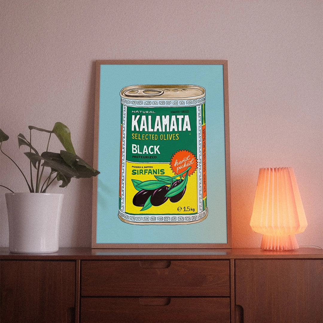 A poster with the illustrative motif “Kalamata” by POWSTR hanging in a living room.