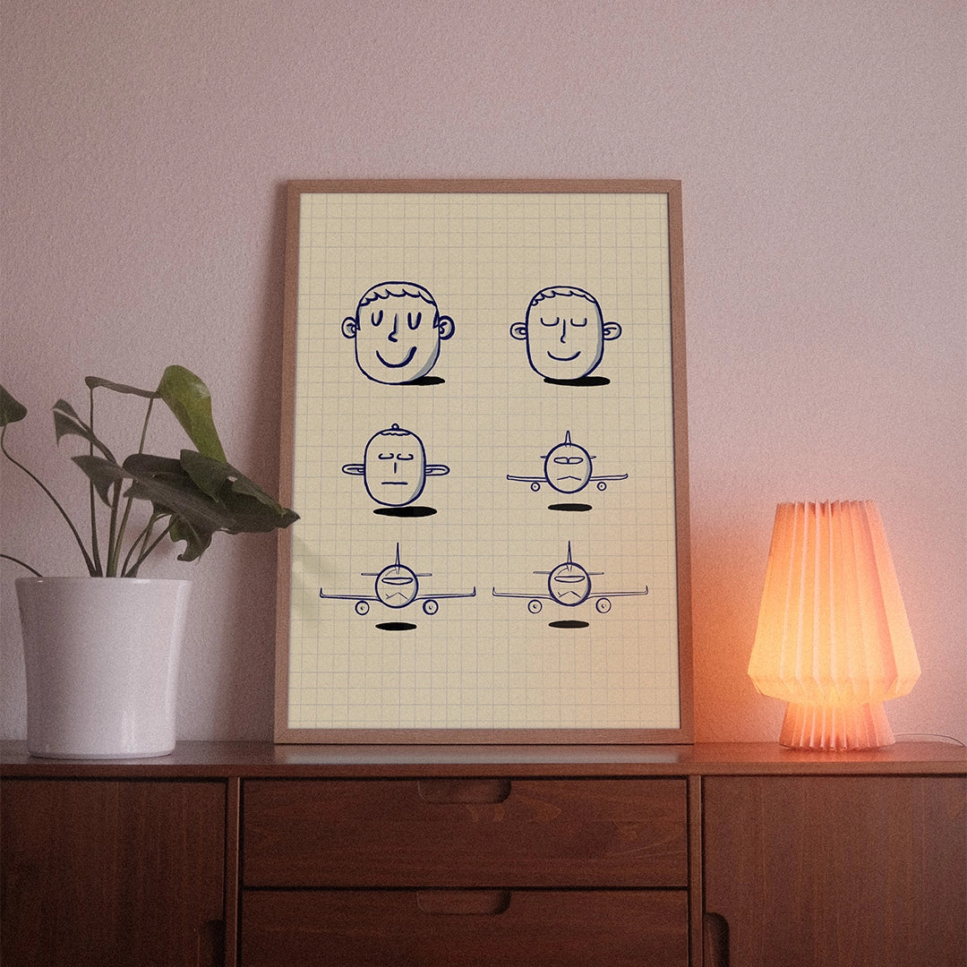 A poster with the illustrative motif “Nice Flight” by POWSTR hanging in a living room.