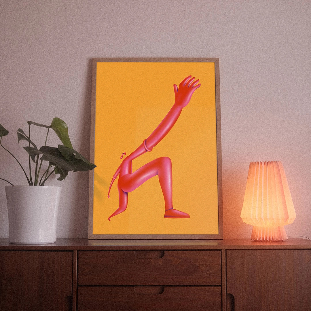 A poster with the illustrative motif “Reach” by POWSTR hanging in a living room.