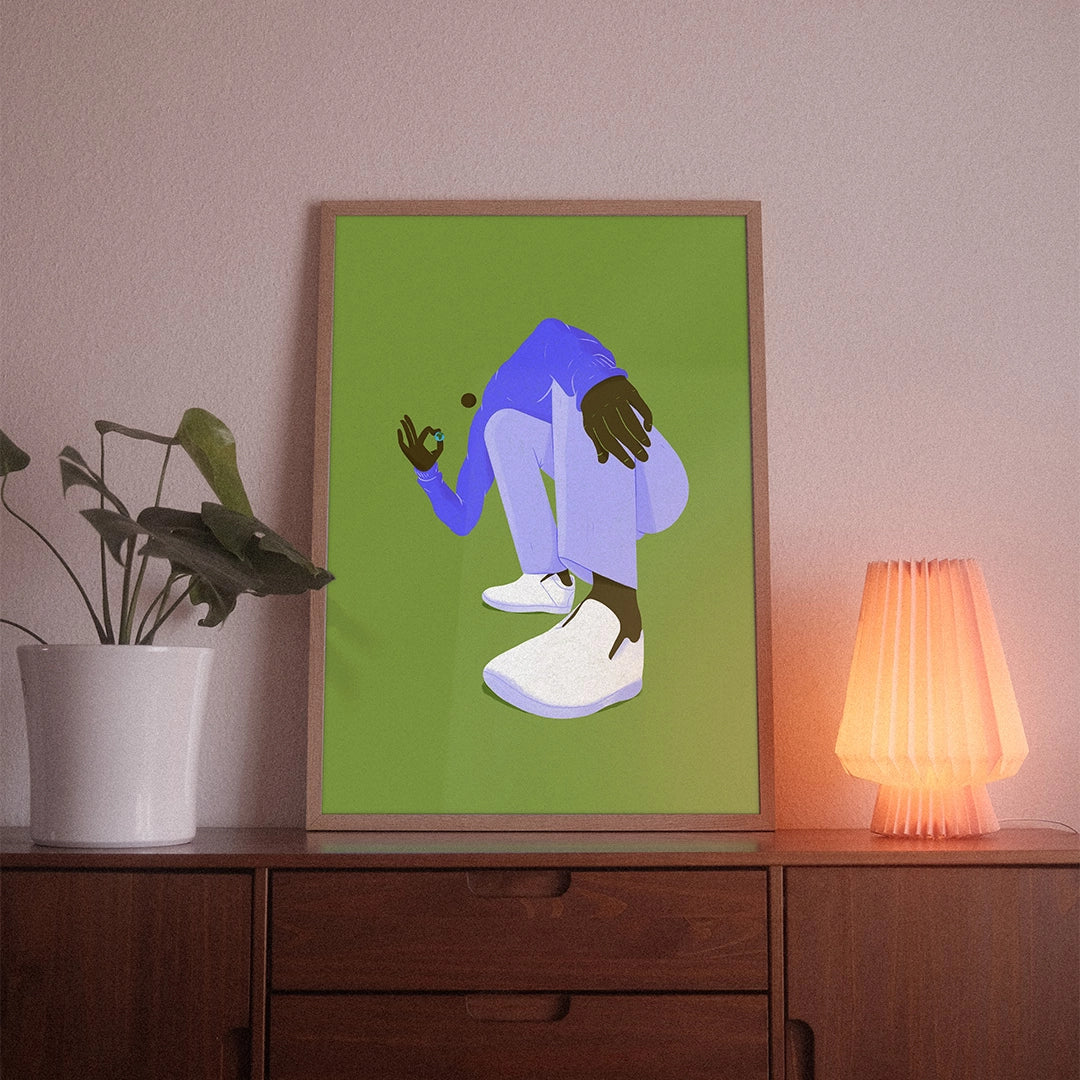 A poster with the illustrative motif “Small World” by POWSTR hanging in a living room.