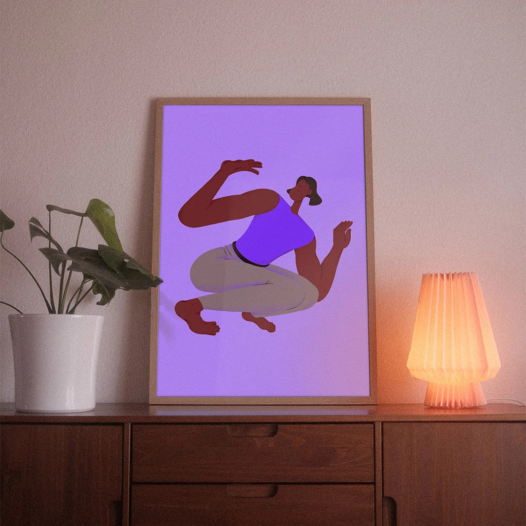 A poster with the illustrative motif “Trapped” by POWSTR hanging in a living room.